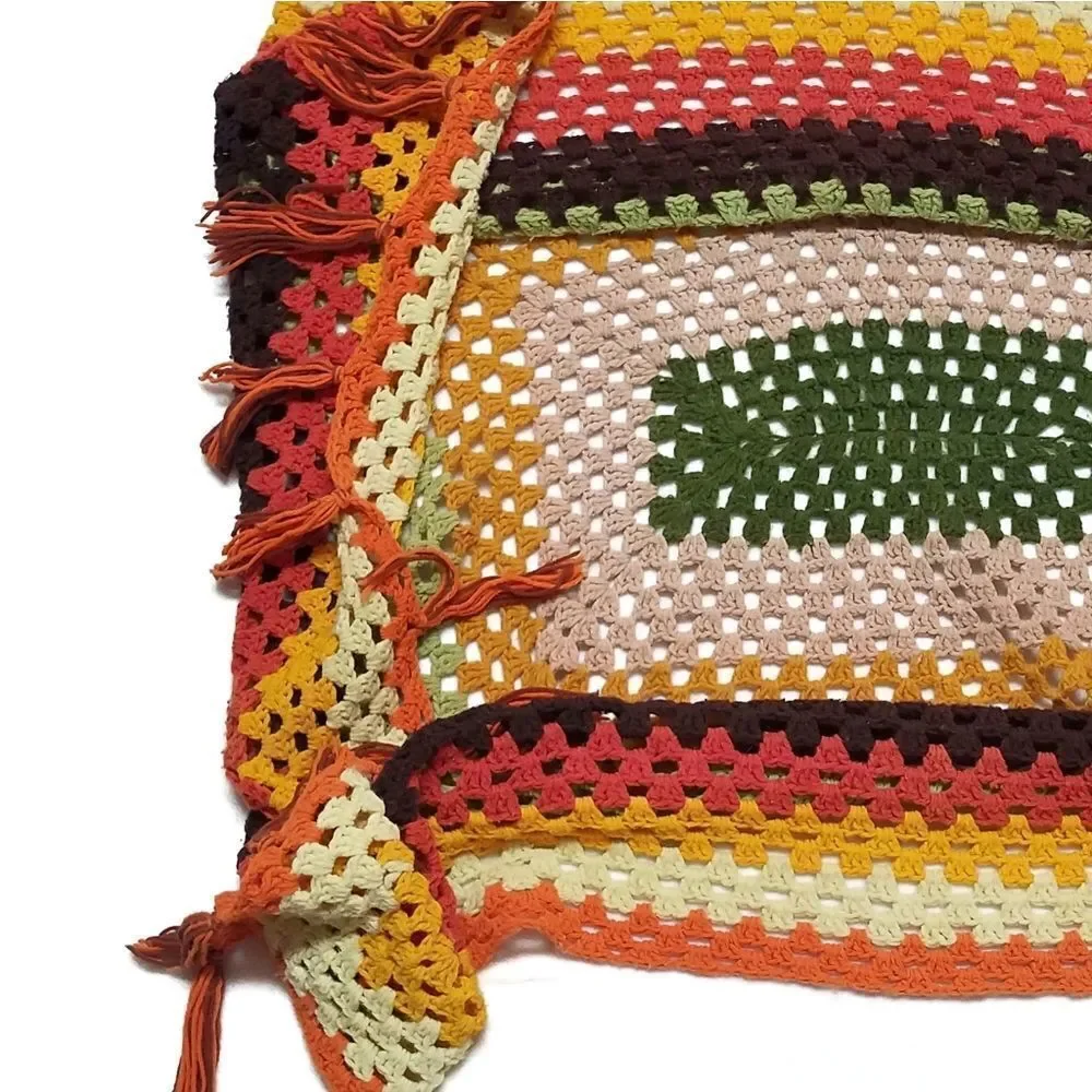 VINTAGE 1970s Handmade Crochet Fall Fringe Granny Square Afghan Throw Blanket